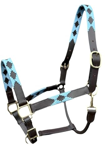 Argentina Polo Leather Horse Headcollar Halter, Embroidered Design, Brass Fittings, Sky Blue (Brown/Gold, Full)