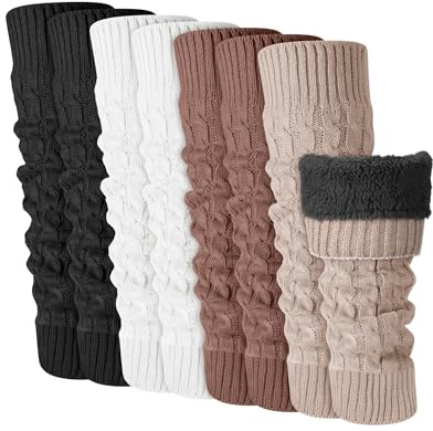 Chuarry 4 Pairs Women's Fleece Lined Leg Warmers Fuzzy Knit Double Layer Leg Warmer Long Boot Socks for Skating Daily Wear (Black, White, Khaki, Coffee)