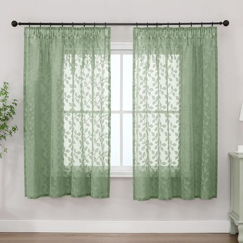 Simplebrand Sage Green Sheer Curtains Charlton Leaf 2 Panels W140 x L122cm, Clip Jacquard Pencil Pleat Drapes, Semi-Sheer Light Filtering Curtains for Kitchen Bathroom Small Windows, Decorative