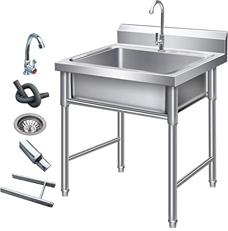 Vasca singola Acciaio Inox Lavello da Commerciale,60cm x 60cm x 80cm Lavello da esterno con Rubinetto per garage Lavamani industriale per la casa Ristorante,Lavanderia,Giardino