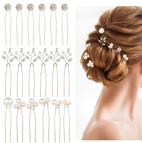 18 Stück Haarschmuck Gold Hochzeit Mit Perlen Und Strass Goldene Haarspangen Braut Kristall U-Förmig Haarnadeln Haaraccessoires Für Bräute Brautjungfern Blumenmädchen Damen