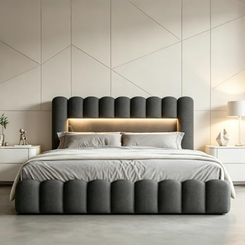 Bubble Sängklädsel, 180 x 200 cm, stoppad säng med ribbotten och hydrauliskt förvaringsutrymme, förvaringssäng med USB och LED, ungdomssäng, med vadderad sänggavel, linnetyg, utan madrass (grå A, 180