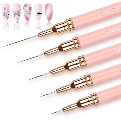 AOOHA Pinceaux pour Nail Art, 5Pcs Pinceaux Liner Ultra Fin, 4/8/12/20/25 mm, pour les Lignes Longues, Détails Fins, pour Gel, Peinture Acrylique, UV Construction, Nail Art Line