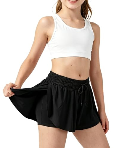 GOZINA Girls Running Shorts, 2 in 1 Flowy Skorts with Invisible Pockets, Elastic Sports Shorts for Gym Tennis Cycling (UK, Age, 13 Years, 14 Years, Regular, Black)