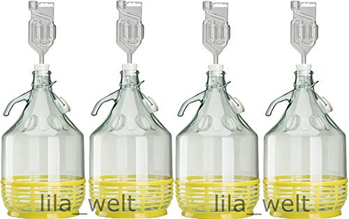 lilawelt24 4 x Set 5L Bügelflasche + Stopfen + Gärröhrchen Weinballon Gärballon Glasflasche Bügelverschluß Gärbehälter