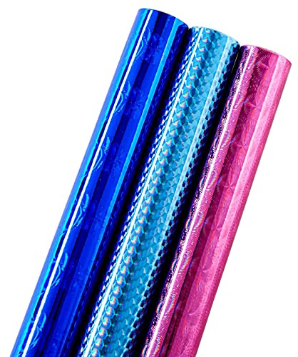 Rollos de papel para envolver Regalos (Paquete de 3)- Papel de regalo brillante con holográficos iridiscentes estrechos y largos - 42,6 cm x 5,2 metros