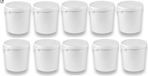 10 x 30 Liter Eimer mit Deckel, Weiß, stapelbar, lebensmittelecht, 10 Stück | Kunststoffeimer, Milch-/Vorratseimer, Honigeimer, Lebensmittelbehälter, Leereimer für Mehl, Wassereimer, Lebensmittelfreigabe