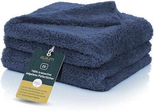 Aurum-Performance® Poliertuch Auto 2er Set randlos & extrem lackschonend | Profi Mikrofaser Auto-Poliertücher zur Autopflege - KFZ Mikrofasertücher, Lack Politur Tücher, Polier-Microfasertuch 500 GSM