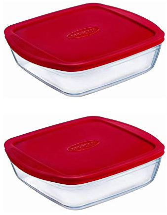 Pyrex O'Cuisine Borosilicate Glass Square Dish Container with Plastic Lid 1.6 Litre Red (Pack of 2)