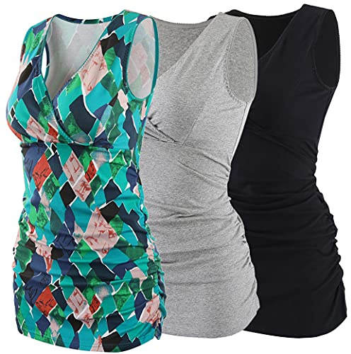 COLOMI maternità Allattamento Canotta Abbigliamento Premaman Top Sleep Reggiseno per L'Allattamento al Seno (Black+Grey+Green Print/3Pack, M)