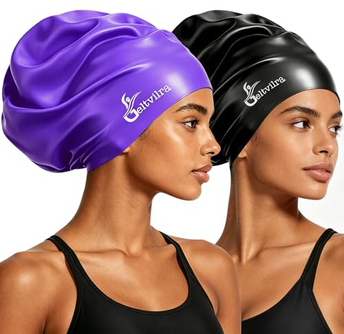 Extra Large Swim Cap for Braids and Dreadlocks Women Men Silicone Swimming Cap for Long Thick Curly Weaves Afro Hair Extensions (Black, Purple)