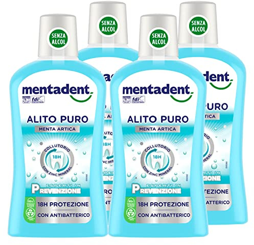 4 x Mentadent Mundspülung Reiner Arktische Minze ohne Alkohol mit antibakteriellem Zink Mineral - 4 Flaschen à 500 ml