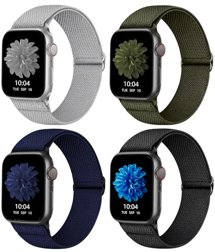 4 Pack Stretchy Nylon Compatible with Apple Watch Straps, Soft Breathable Elastic Sport Bands for iWatch Series 11 10 9 8 7 6 5 4 SE Ultra, 38/40/41/42/44/45/46/49mm Replacement Wristband Men Women | Elastic Nylon Sport Bands 38mm 40mm 41mm 42mm 44mm 45mm 46mm 49mm for iWatch Series 11 10 9 8