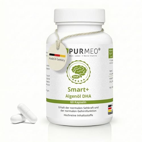 PURMEO® Smart+ Algenöl DHA 300mg – für Gehirnfunktion & Sehkraft – 60 vegane Kps – laktosefrei, laborgeprüft, Made in Germany