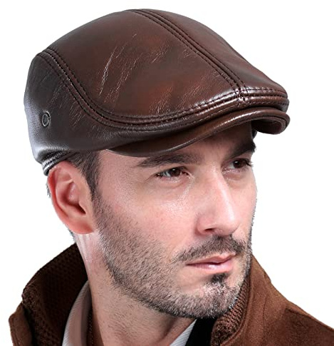 Chapeau de Lierre en Cuir véritable pour Hommes Casquette de Gavroche Classique en Cuir de Vache Gatsby Conduite Cabbie Chapeau Automne Hiver Chasse Chapeau (FR/ES, Alpha/Lettres, TG, Brown Marron)