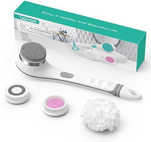 VOYOR Rückenbürste Duschbürste Körperbürste elektrische Rückenbürste langer Griff wasserdicht Aufladbar mit 4 Reinigungsköpfen für Spa Dusche Peeling Massagebürste BC100 (Grau)