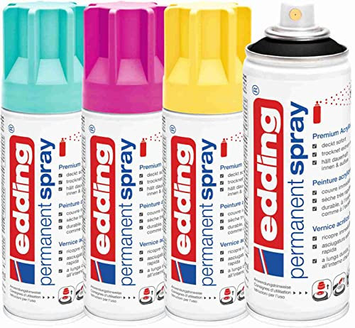 Permanent Spray 4x200ml edding 5200 Cmyk-Set - Turquoise - Telemagenta - Gelb - Schwarz, Acryllack - matt zum Lackieren & Dekorieren