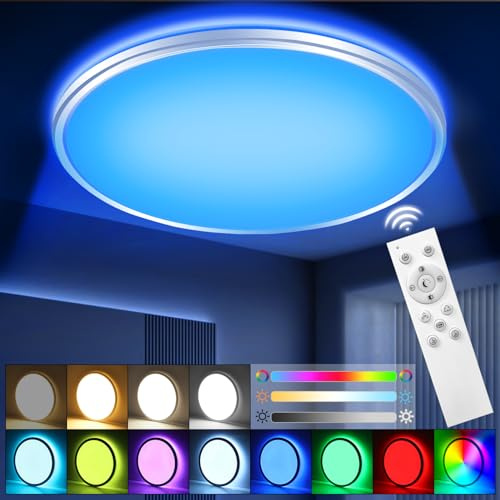 BIAOQINBO Plafon LED Techo RGB Regulable de con Mando a Distancia,24W 3000LM Ultradelgado plafón led techo Lámpara 3000K-6500K Moderno Plafón Plano Redondo Para el Dormitorio/Sala de Estar Ø29CM