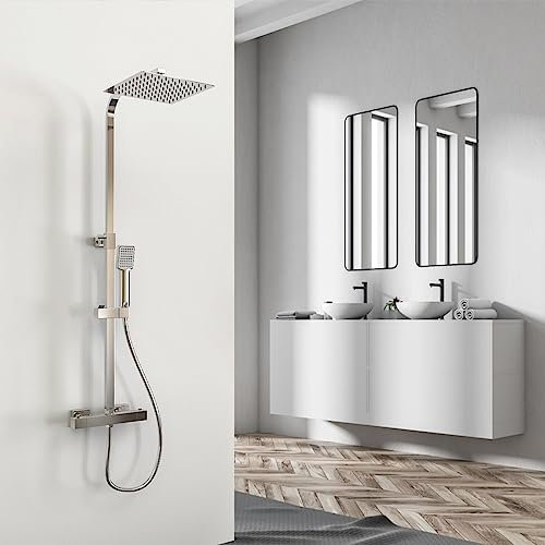 OCEAN ITALY Doccia Termostalica con Soffione, Doccino e Pilastro Quadrati, Saliscendi Doccia Moderna con Miscelatore Termostatico, Soffione Doccia Anticalcare con Fintura Cromata