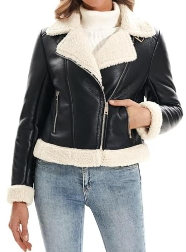 DIASHINY Women's Faux Shearing Fur Lined Coat Cropped Faux Leather Moto Sherpa Jacket Black White S