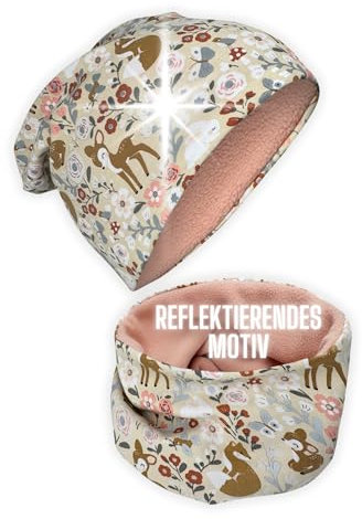 HECKBO 360° Reflektor Kinder Mütze & Loop Schal Set - Waldtiere Vlies Innen Winter - 2-8 Jahre - 95% Baumwolle - weiches & pflegeleichtes Stretch-Material