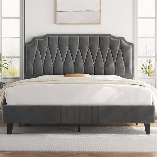 Yaheetech 5ft King Bed Frame Upholstered Platform Bed with Adjustable Button Tufted Headboard/Velvet Fabric/Sturdy Wooden Slat Support/No Box Spring Needed, Dark Grey King Bed