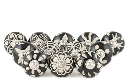 Rasiya Art Ceramic Black and White Knobs - Boho Knobs for Cupboards Door Cabinet and Drawer - Decorative Hand Painted Ceramic Round Pull Handles for Home Decor - Pack of 12