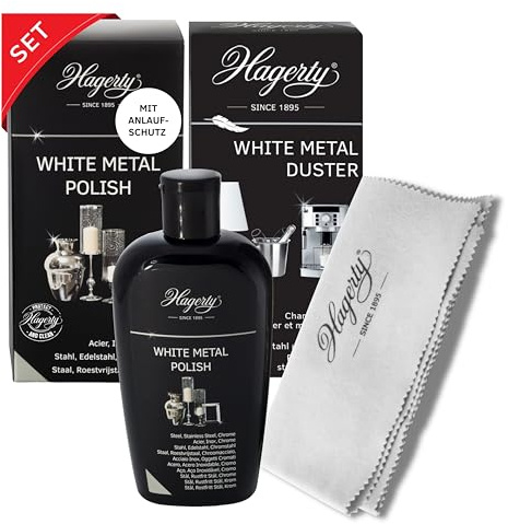 Hagerty Set White Metal Polish Edelstahlpolitur + Duster für die Reinigung von Edelstahl I Effiziente Metallpolitur & Poliertuch aus Baumwolle für Gegenstände aus weißem Metall Stahl Edelstahl Chrom