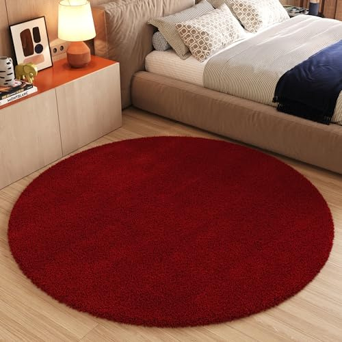 TAPISO Essence - Tappeto a Pelo Lungo, Rotondo, Rosso Scuro, Shaggy, in Tinta Unita, Morbido, soffice, per Camera da Letto, Soggiorno, cameretta dei Bambini, Certificato Öko-Tex, 160 x 160 cm