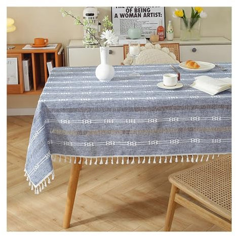 Gualiy Tischdecke Modern Küche, Tischdecken 140x200CM Polyester Tischdecke Abwaschbar Küche Streifen mit Quasten Tischdecken für Holztisch, Blau
