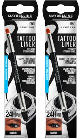 Maybelline New York Tattoo Liner Gel Pot Eyeliner Professioneller Pinsel 2-in-1 24H Halt Waterproof Farbe 950 Blackest Black - 2 Kosmetikartikel