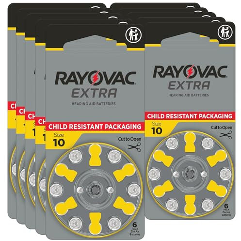 Rayovac Extra Hearing aid Batteries Size 10. Long-Lasting Mercury-Free zinc-air Hearing aid Batteries - 1.45v. (60 Batteries)