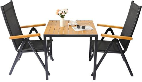 LIFERUN Juego de muebles de jardín de aluminio y WPC, 3 piezas para balcón, 2 sillas plegables y resistentes, 1 mesa de jardín con respaldo alto