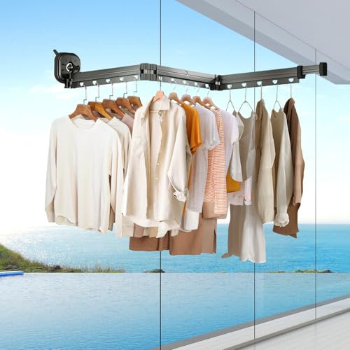 Wäscheständer,Ausziehbarer Klappbarer Kleiderstange Wandmontage mit Haken und Handtuchhalter,360° Drehbar Kleiderständer, Wand Wäscheständer für Balkon,Wäsche,Badezimmer,Terrasse,Wohnung,Drei Falten