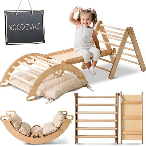 4-in-1 Montessori Klettergerüst Set: Indoor Kletterdreieck, Kletterbogen mit Kissen, und Rutsche für Kinder, Indoor Spielplatz 1-3 Jahre