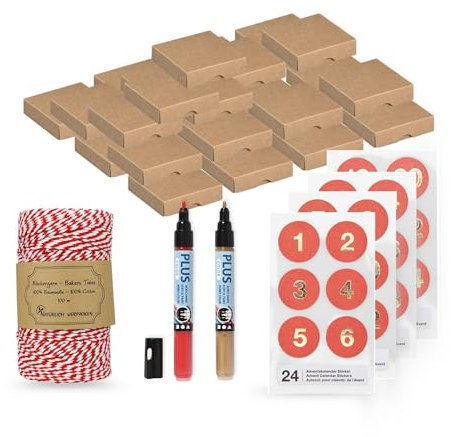 Natürlich verpacken Calendrier de l'Avent avec boîtes pliantes, autocollants numérotés rouges, fil de boulangerie et marqueurs