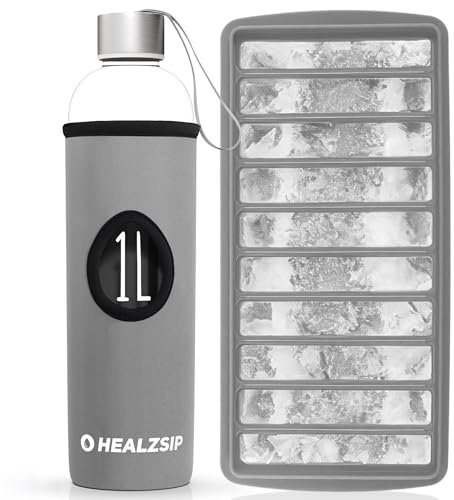 Botella Agua Cristal 1 Litro con Funda y Cubitera + Guía + Calculadora - Botella Vidrio Borosilicato con Medición - Reutilizable y Apta para Lavaplatos - Glass Water Bottle - Ideal para Casa y Oficina