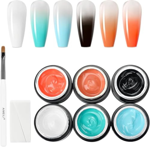AIMEILI Pat Ombre Gel, 6 Colors Pat Painting Gel Nail Polish Set Gradient Effect With Sponge & Nail Brush Gradient, Ombre Nail Gel Paint for Nail Art KIT1
