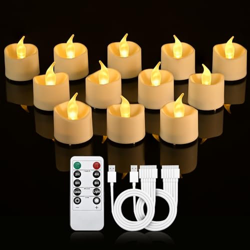 cimetech 12er Led Teelichter Wiederaufladbar mit Timer Fernbedienung LED Kerzen Aufladbar Flackernd mit 2 x 6-Port USB-C Kabel für Zuhause, Zimmer, Tisch, Halloween Weihnachtsdeko