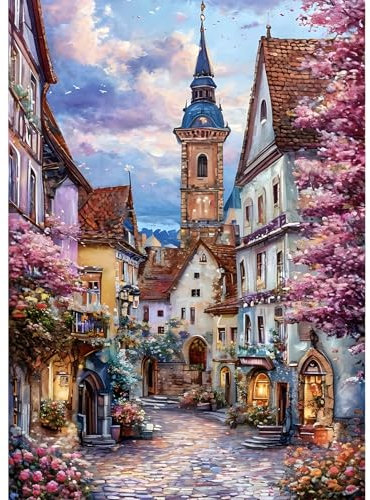 QINRUBB DIY Kirchen Diamond Painting Erwachsene, 5D Alte Stadt Diamant Painting Bilder Anfänger, Blumen Runder Vollbohrer Diamanten Malerei Stickerei Kreuzstich Geschenke Home Wand Dekor 30x40cm