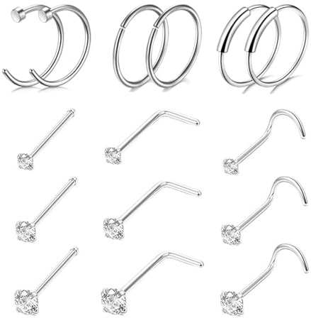 Uwiyo 15 Stück Nasenpiercing, 20G 316L Edelstahl Silber Gold Nasenstecker Nasenring L/Screw/Straight-Form Nasenpiercing mit Zirconia Nase Nostril Piercing Stecker für Frauen Männer(Silber)