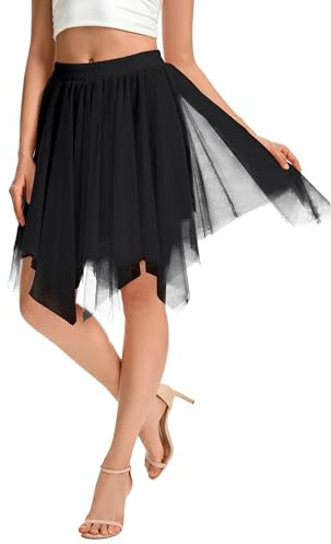 Jupes en Tulle pour Femmes Mini Jupe Tutu irrégulière Jupe d'été-Jupes en Tulle avec Doublure à la Taille (FR/ES, Alpha/Lettres, Taille Unique, Taille Normale, Taille Normale, Noir)