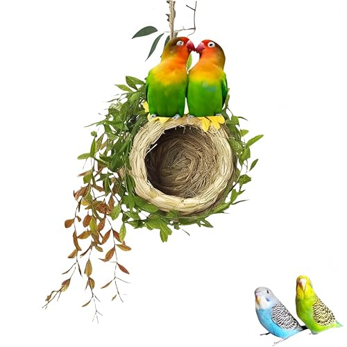 1pc Straw Bird Nest Natural Straw Woven with Artificial Leaves Bird Nest Hut Comfortable Resting Breeding Zone Simulated Bird Eggs Suitable for Small and Medium Parrots Conures Cockatiels