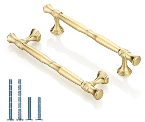 Lpraer 8 Stück Möbelgriffe goldene Schrankgriffe Gebürstetes Messing Küchengriffe 128 mm Lochabstand Schubladengriffe Tür Griffe für Küchenschränke Kleiderschrank Schubladen Küche Möbel DIY