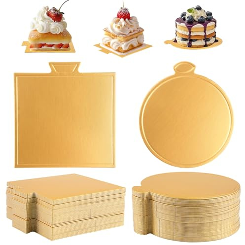 Orixo 200 stycken mousse-tårtunderlägg, 100 runda tårttallrikar à 9 cm, 100 fyrkantiga minitårttallrikar med handtag för bröllop, fester, bakverk, guld