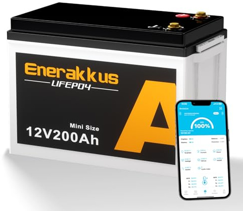 Enerakkus 12 V 200 Ah mini LiFePO4-batteri, uppladdningsbart litiumbatteri, 200 A Bluetooth BMS med lågtemperaturskydd, 10 års livslängd, 15 000+ cykler, 2 560 Wh litiumbatteri för camping, husvagn