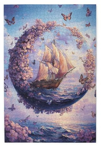 Cafemira 1000 Pieces Wooden jigsaw Puzzle for Adults,Floating Floral Sphere Butterflies and Blossoms on Ocean Surface,Pieces Fit Together Perfectly,Relieve stress & enjoy the fun of solving