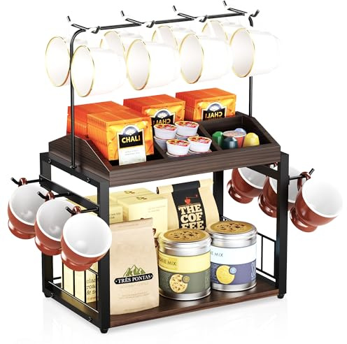 Porta tazze da caffè a 2 livelli con scomparti divisori, portabicchieri per bancone, porta tazze da caffè con ripiano aperto e 15 ganci, accessori e organizer per bar, cucina, ufficio (2 livelli)