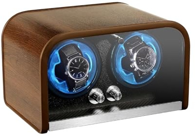 Snovire Automatic Watch Winder Box for 2 Watch Rotator with Super Quiet Motor & Elastic Watch Pillows & LED Blue Light & 4 Rotation Mode Settings, Plug-in or 2 * AA Batteries (not Included)