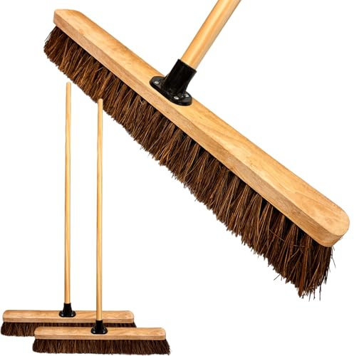LS 24” Outdoor Garden Broom Heavy Duty Yard Brush with Wooden Handle Natural Stiff Bassine Bristles & Metal Support Bracket Outdoor Cleaning & Sweeping (PACK OF 2, 24 Stiff Natural Bassine Bristles)